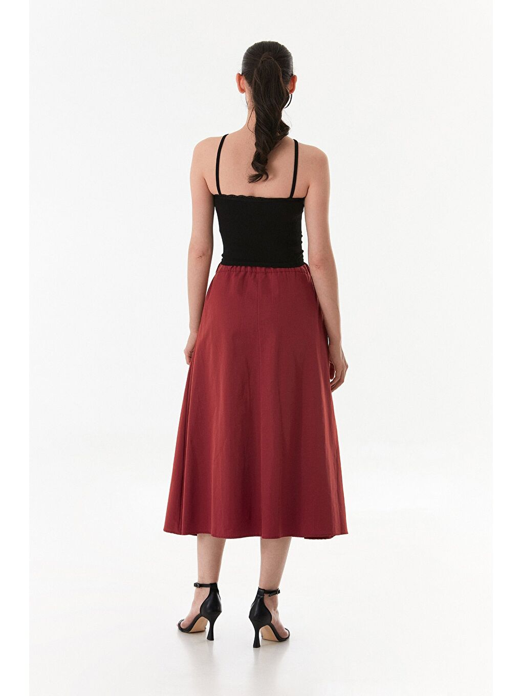 Bordo Beli Lastikli Düğmeli Fermuarlı Terikoton Etek-2