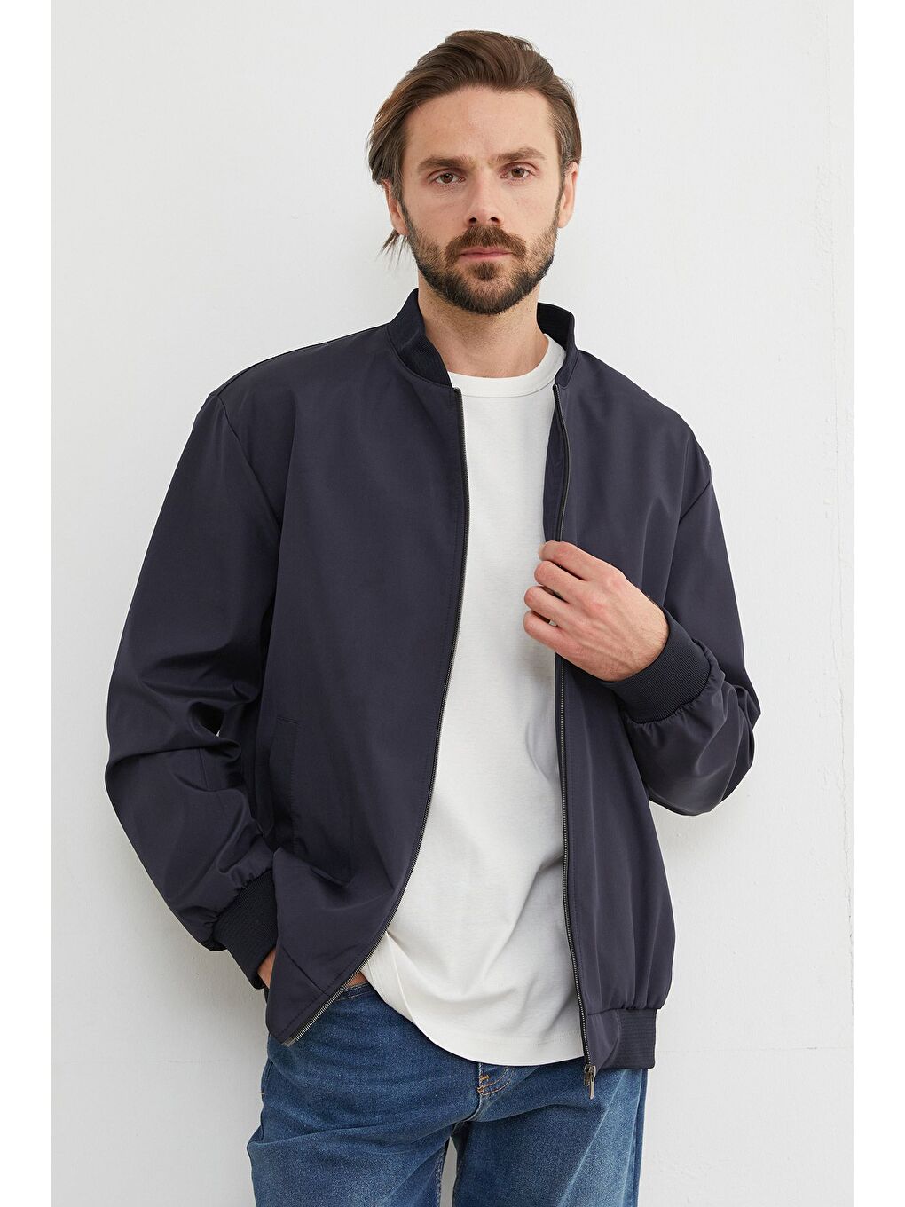Lacivert Scuba Kumaş Fermuarlı Bomber Ceket-3