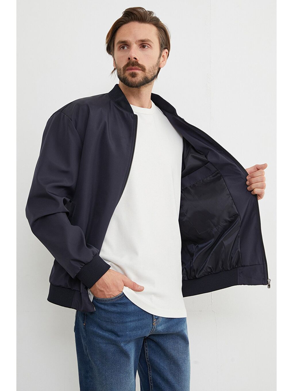 Lacivert Scuba Kumaş Fermuarlı Bomber Ceket-4