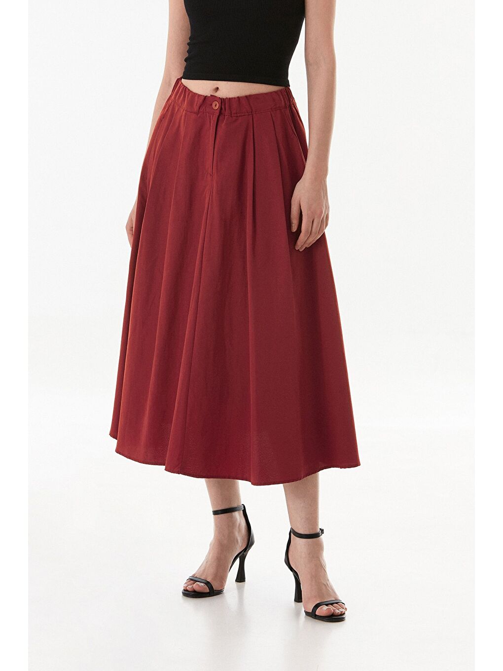 Bordo Beli Lastikli Düğmeli Fermuarlı Terikoton Etek-3