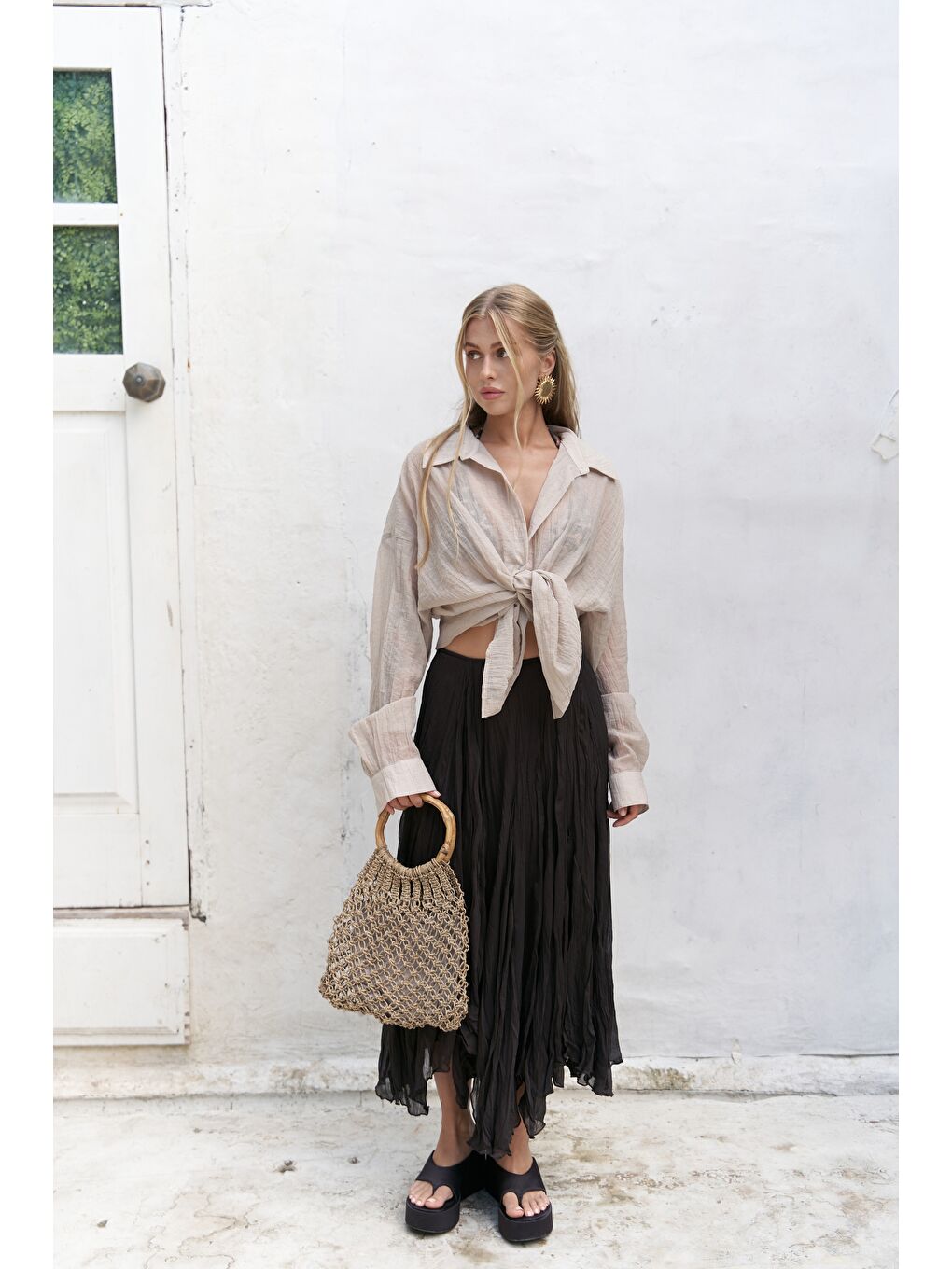 Bej Syaritta Oversize Vizon Transparan Gömlek