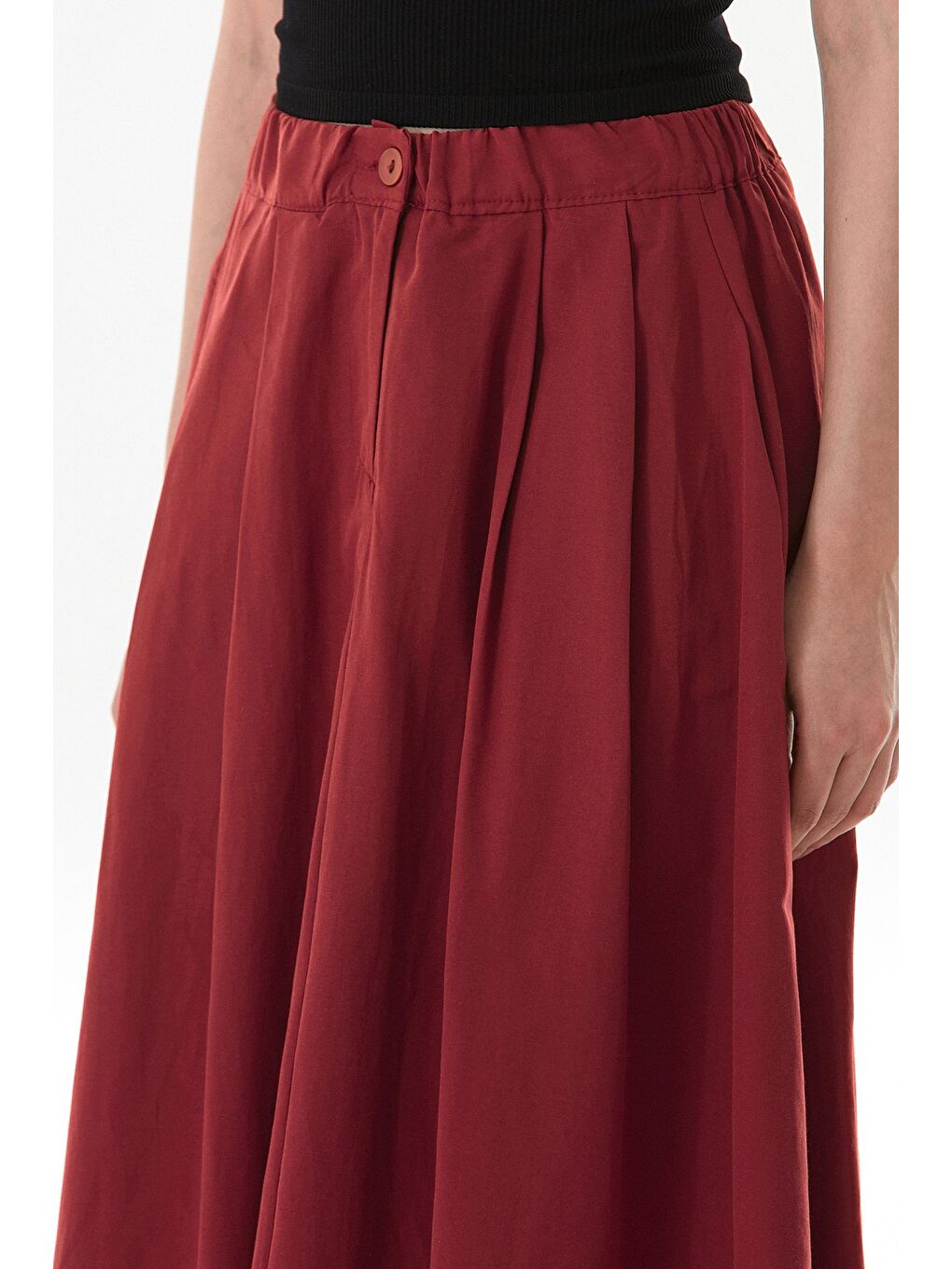 Bordo Beli Lastikli Düğmeli Fermuarlı Terikoton Etek-4