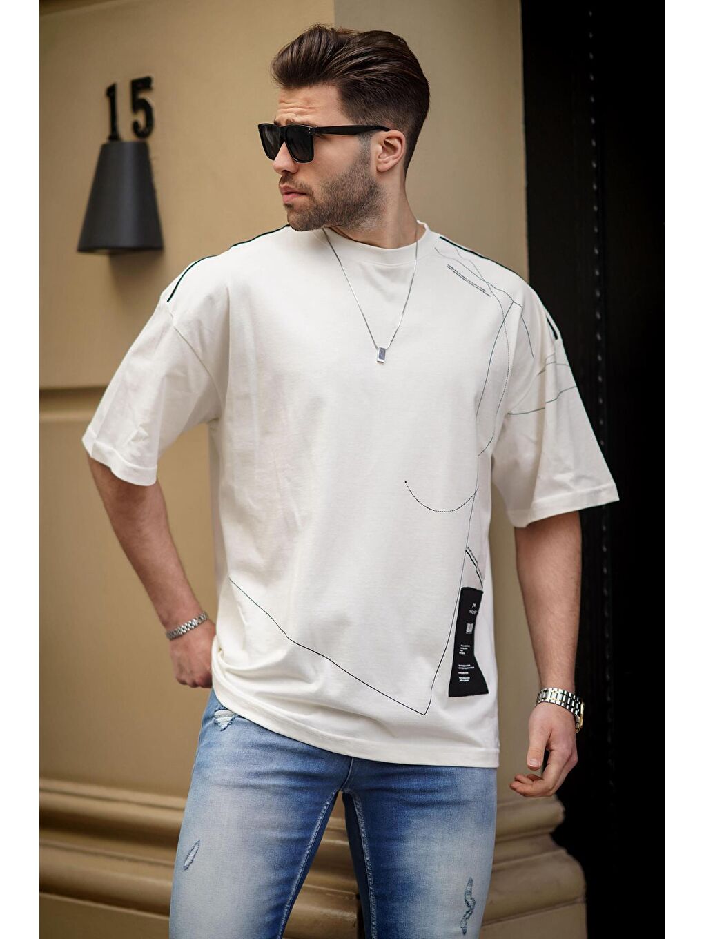 Ekru Desenli Oversize Erkek %100 Pamuk Tişört 7004