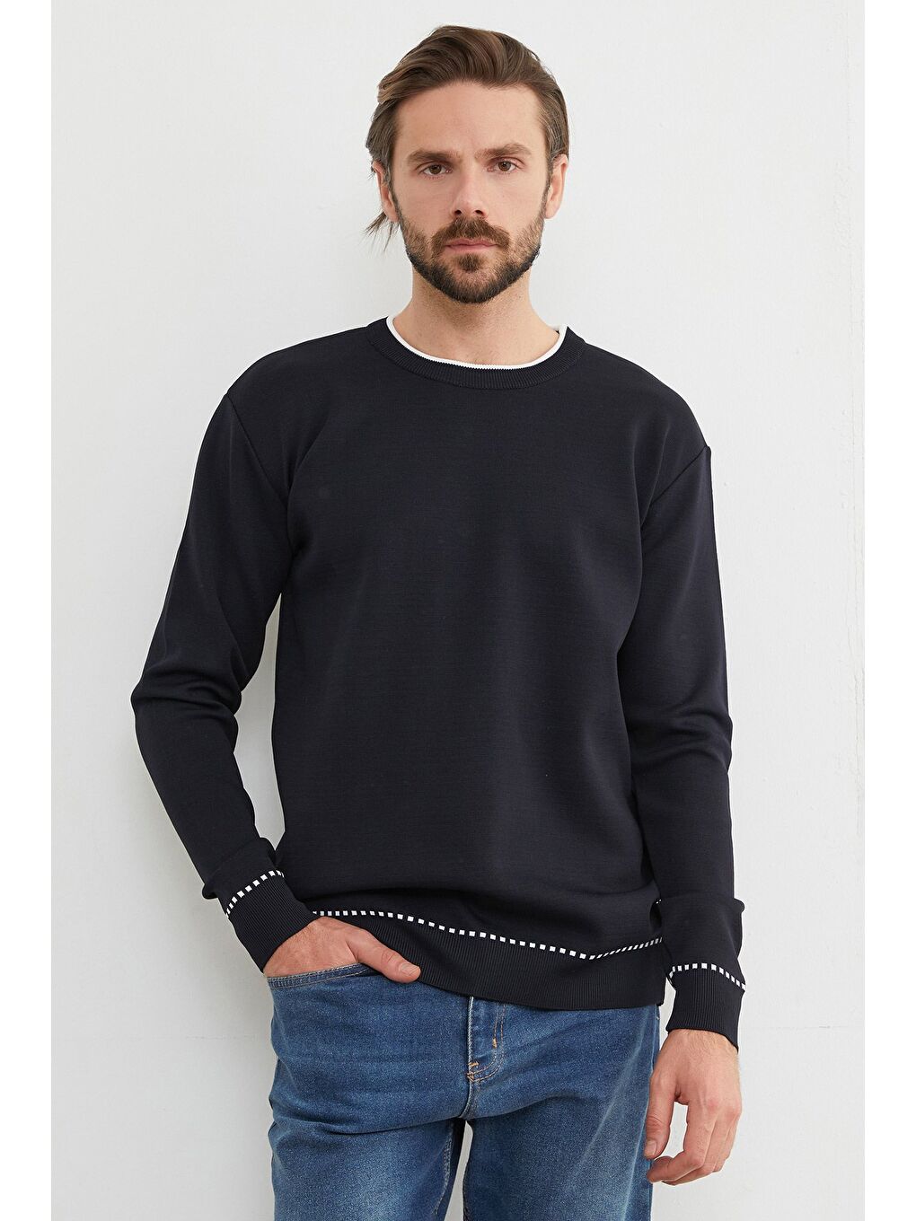 Lacivert Basic Çizgili Bisiklet Yaka Triko Kazak