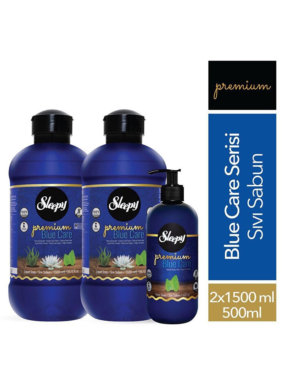 Sleepy Beyaz Premium Blue Care Serisi Sıvı Sabun 500 ml + 2x1500 ml