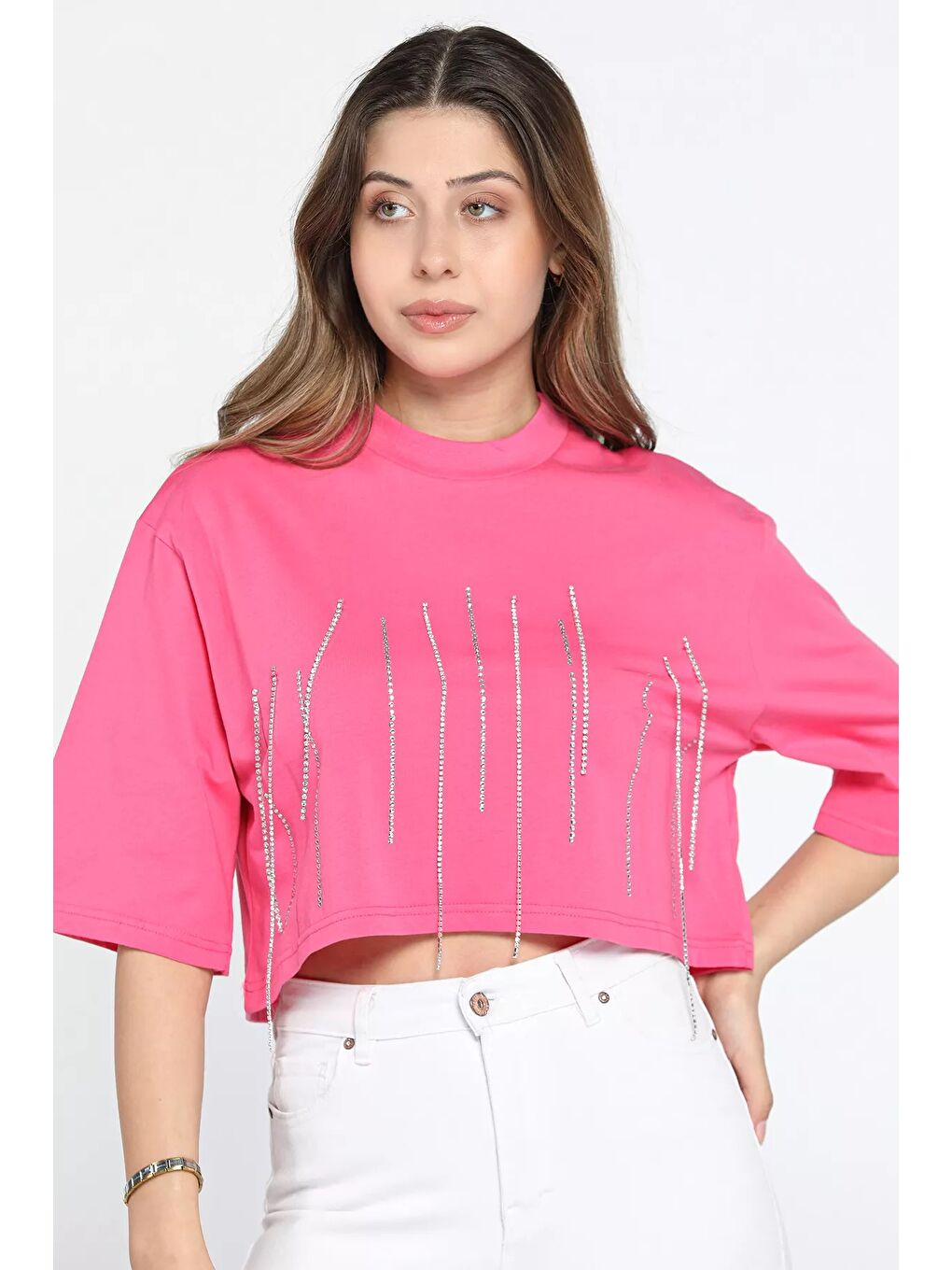 GÜLSELİ Fuşya Bisiklet Yaka Taş İşlemeli Oversize Crop Top Bluz