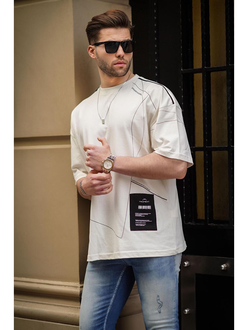 Ekru Desenli Oversize Erkek %100 Pamuk Tişört 7004-1