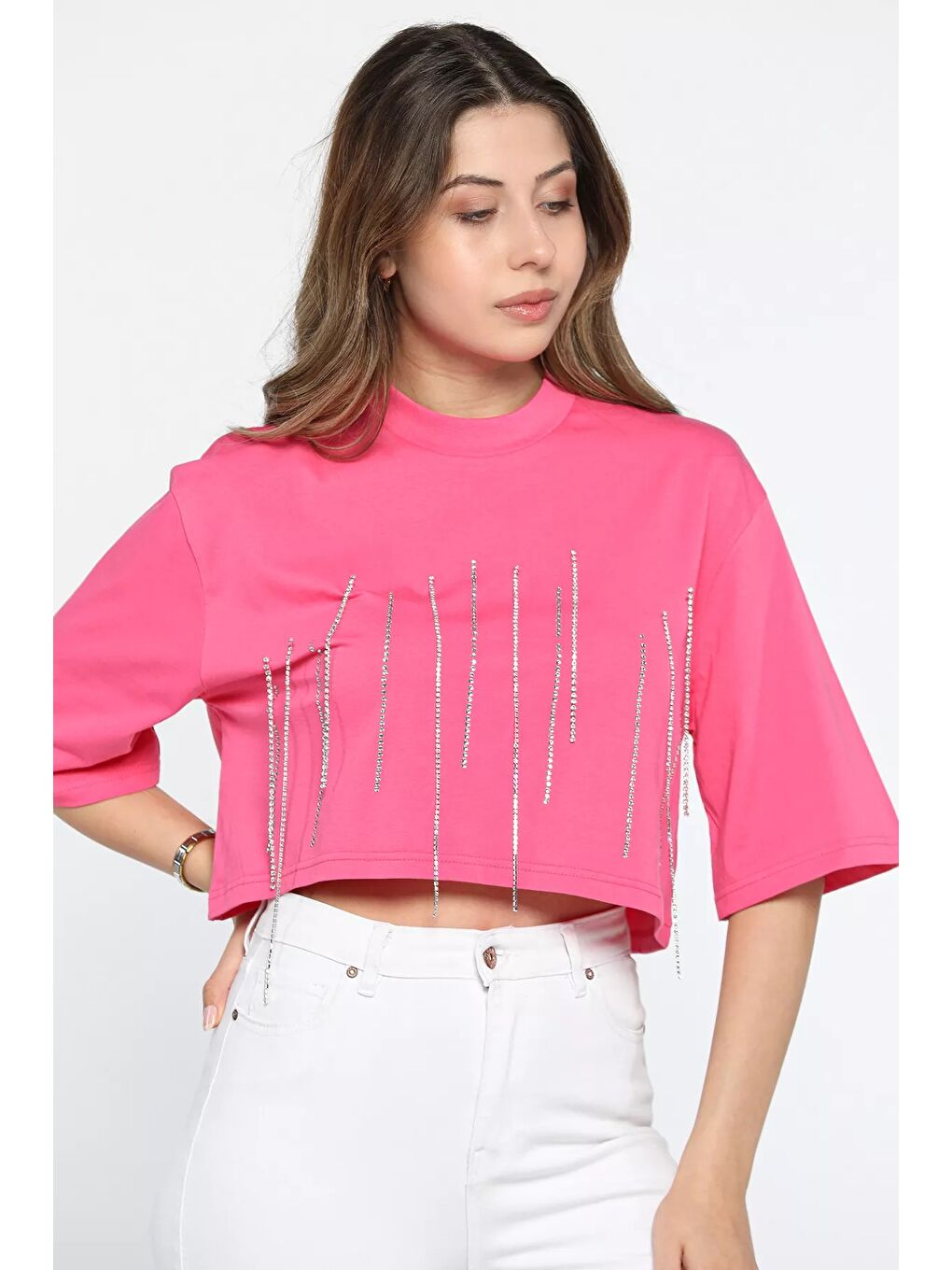 GÜLSELİ Fuşya Bisiklet Yaka Taş İşlemeli Oversize Crop Top Bluz - 1