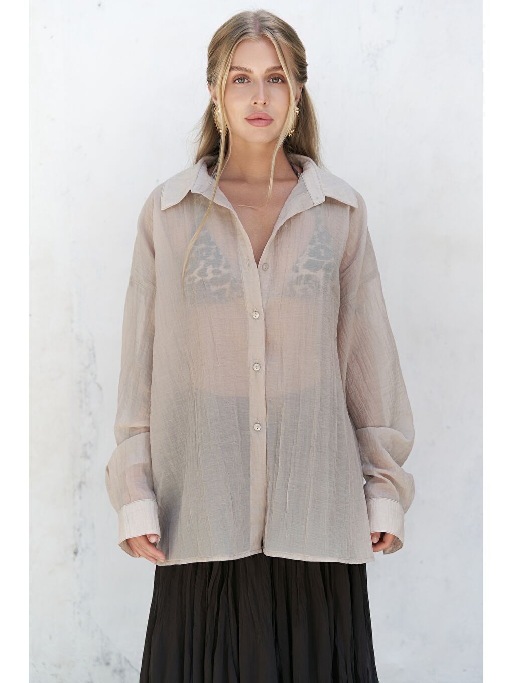 Bej Syaritta Oversize Vizon Transparan Gömlek-1