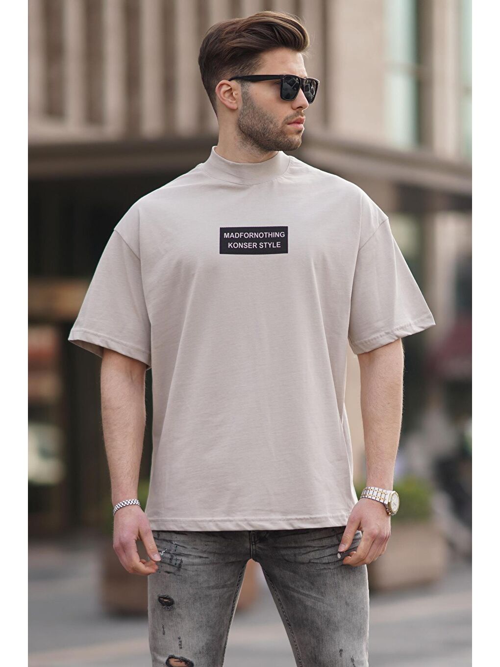 Bej Taş Rengi Rengi Yalancı Dik Yaka Oversize Erkek Tişört 7004-1