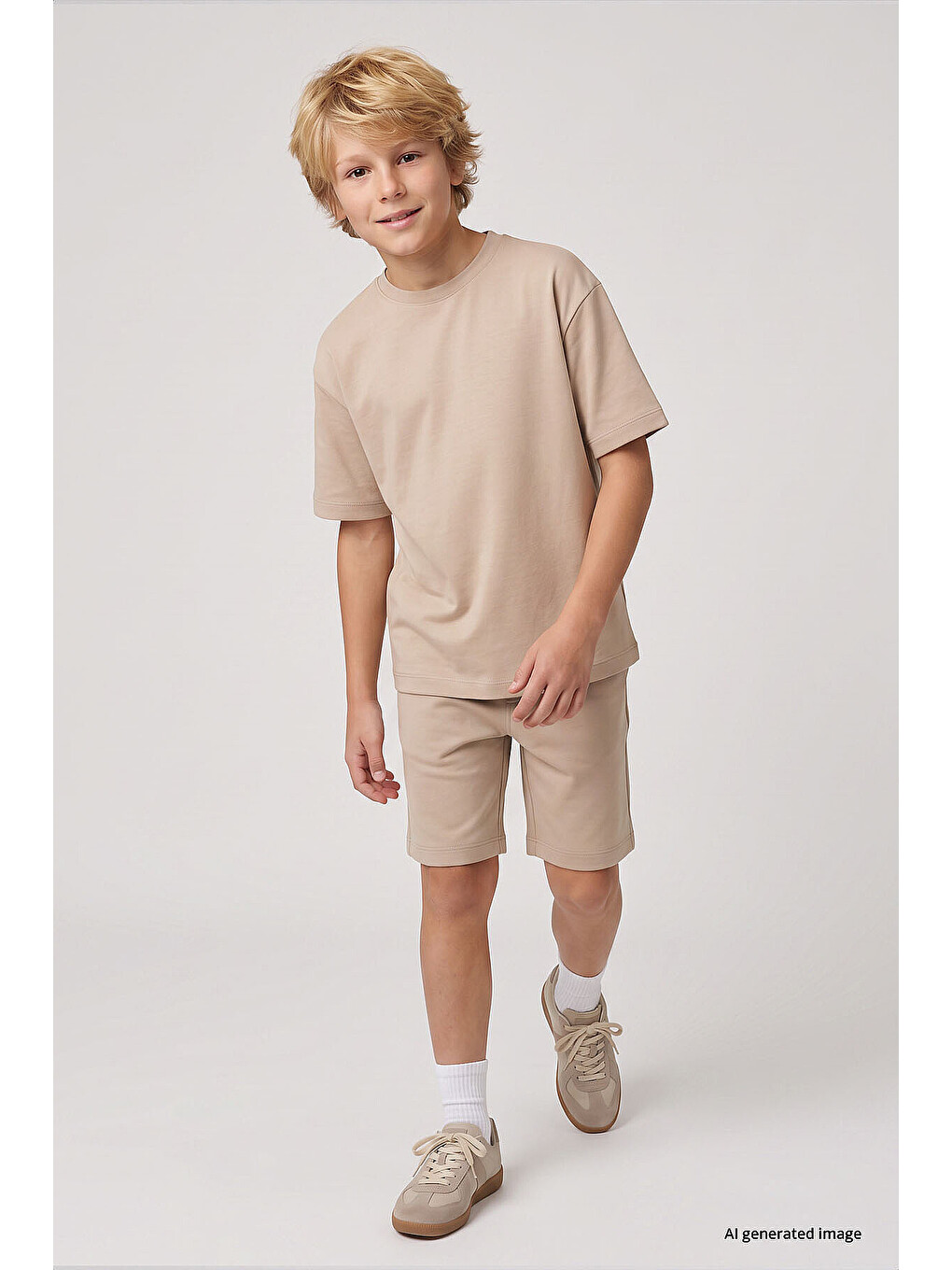 Bej Oversize Fit Basic Erkek Çocuk Şort Takım - 11335