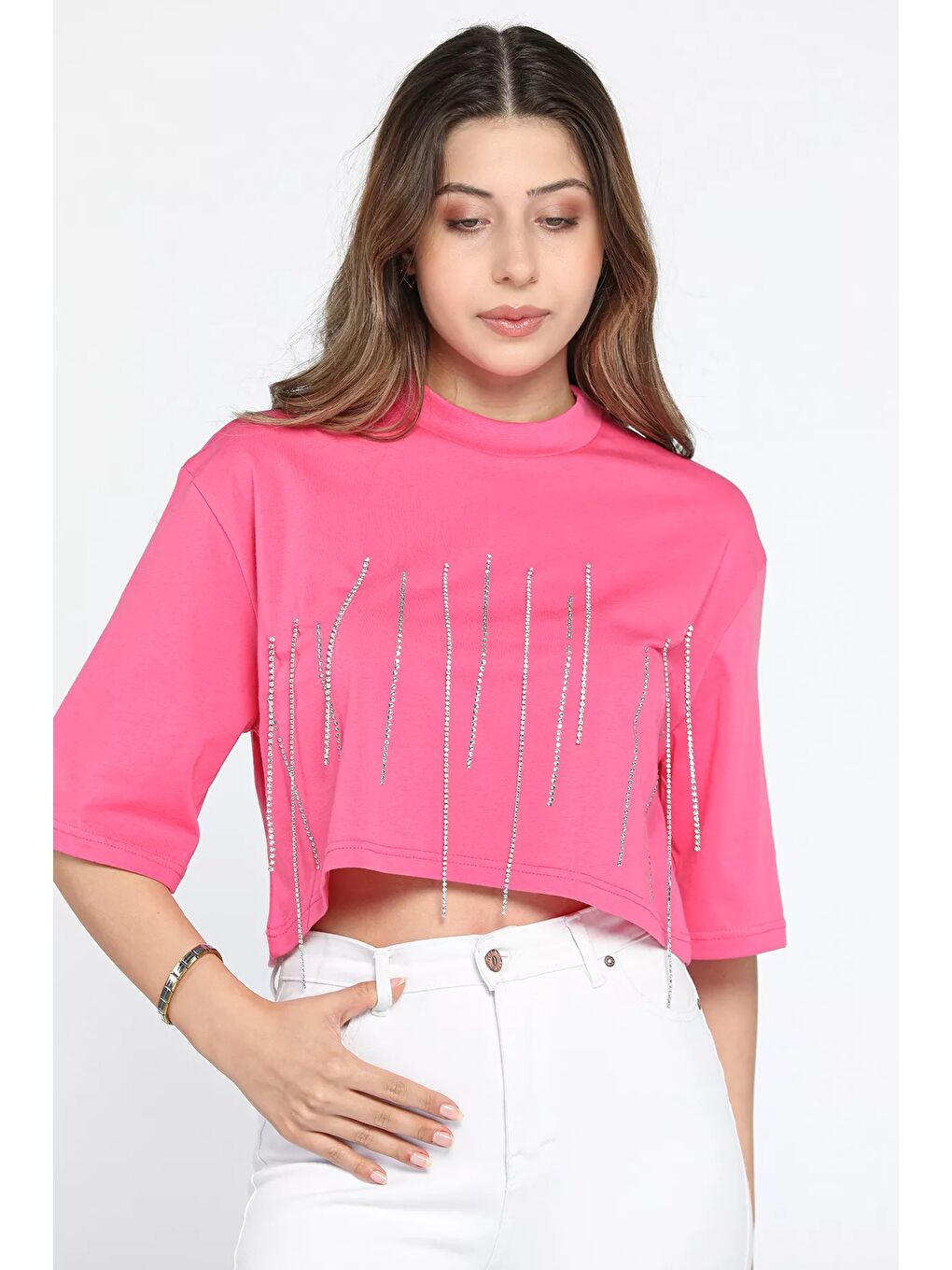 GÜLSELİ Fuşya Bisiklet Yaka Taş İşlemeli Oversize Crop Top Bluz - 2