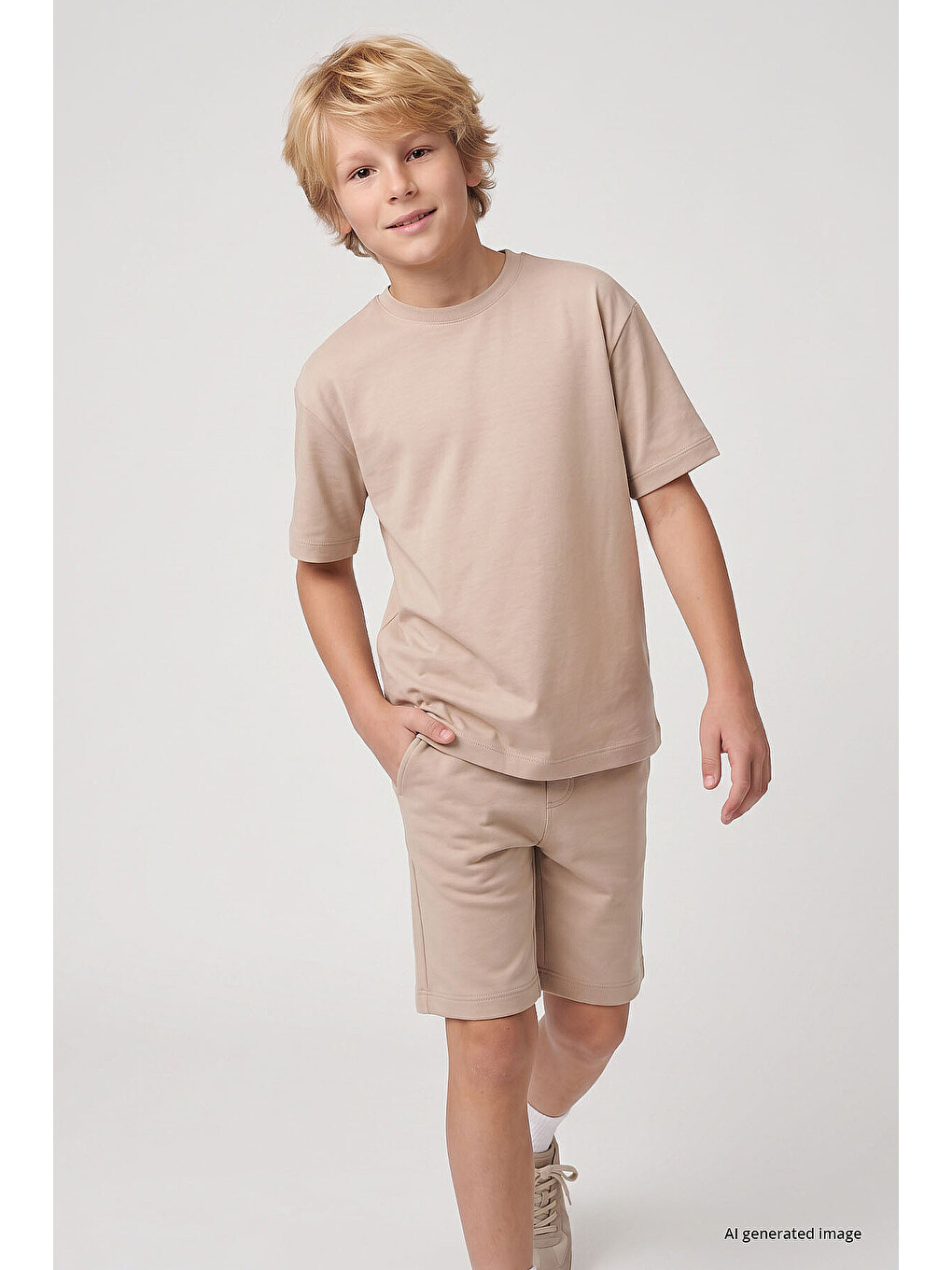 Bej Oversize Fit Basic Erkek Çocuk Şort Takım - 11335-1