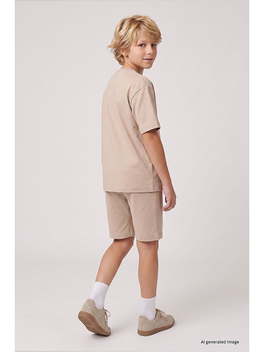 Bej Oversize Fit Basic Erkek Çocuk Şort Takım - 11335-2