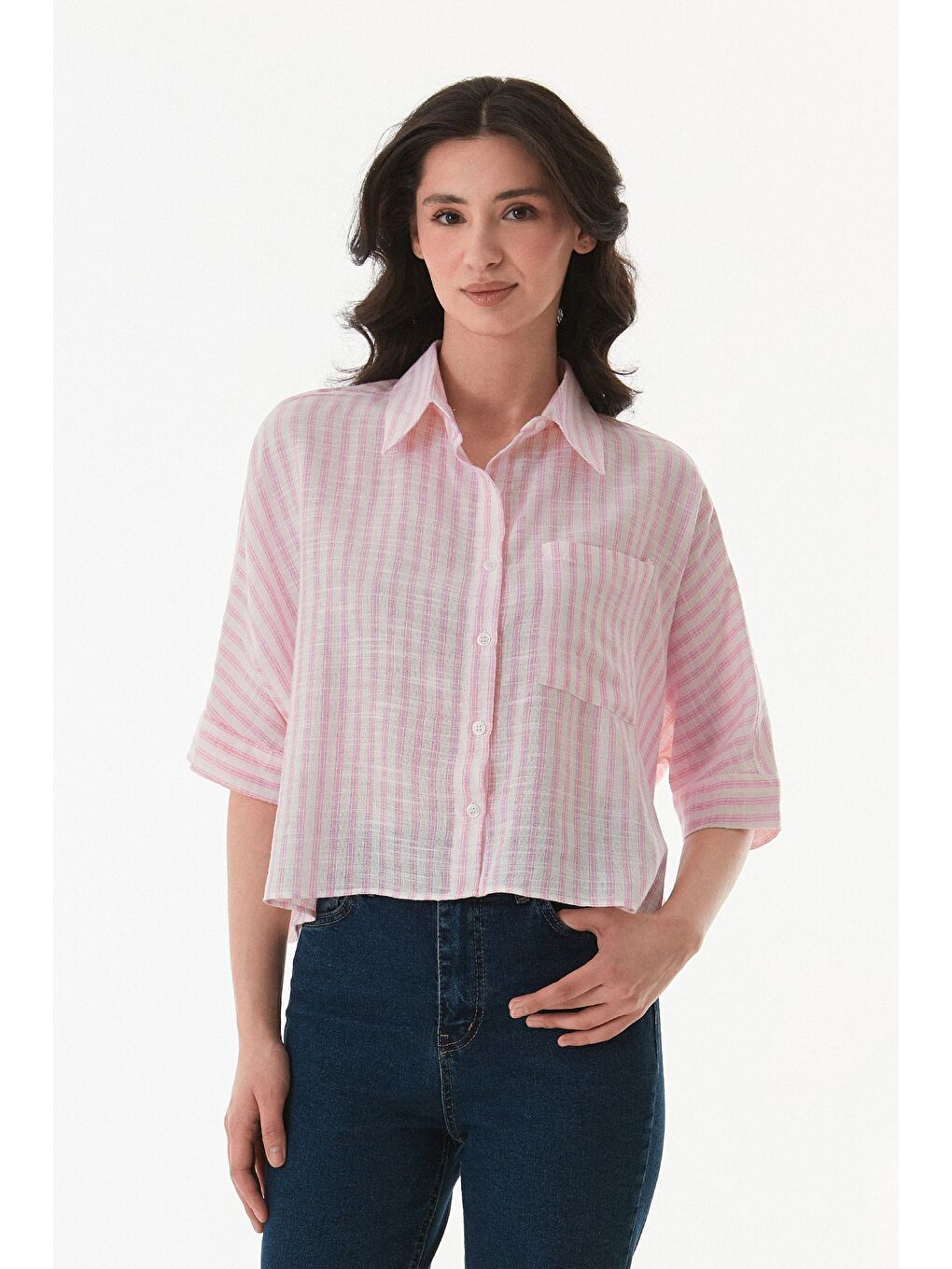 Pembe Çizgili Oversize Crop Gömlek