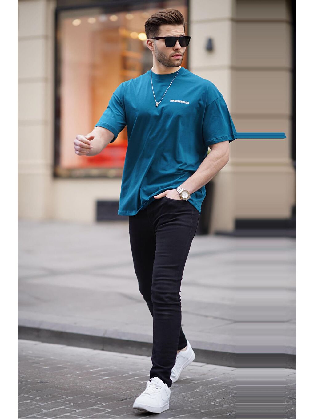 Petrol Mavisi Oversize Baskılı Erkek %100 Pamuk Tişört 6192-1