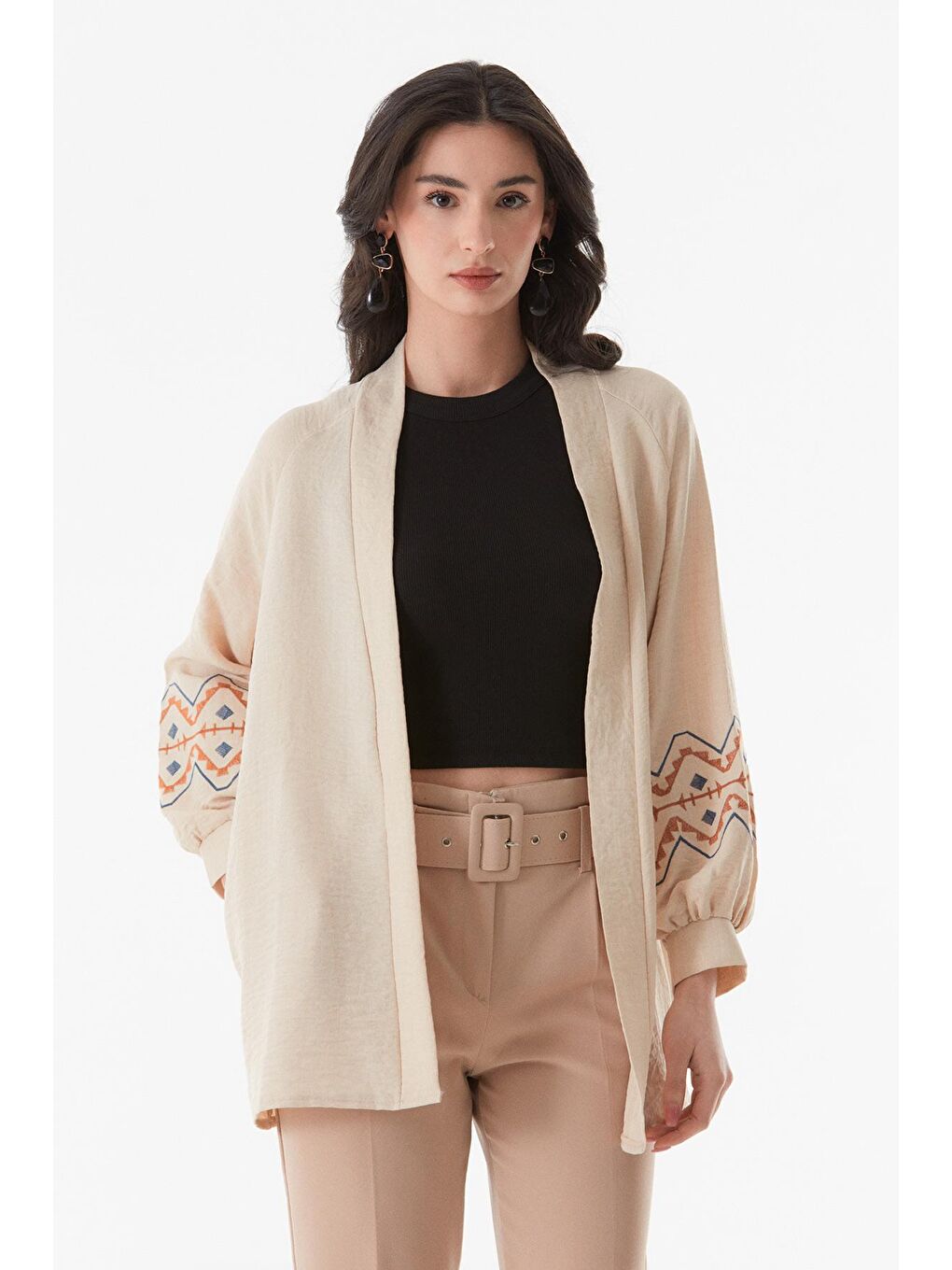 Bej Etnik Desenli Cepli Şal Yaka Kimono-1