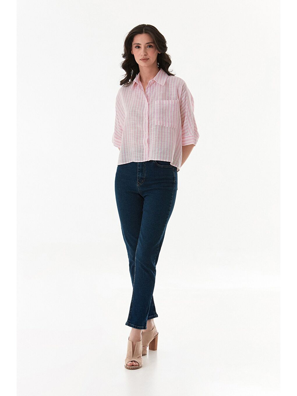 Pembe Çizgili Oversize Crop Gömlek-1