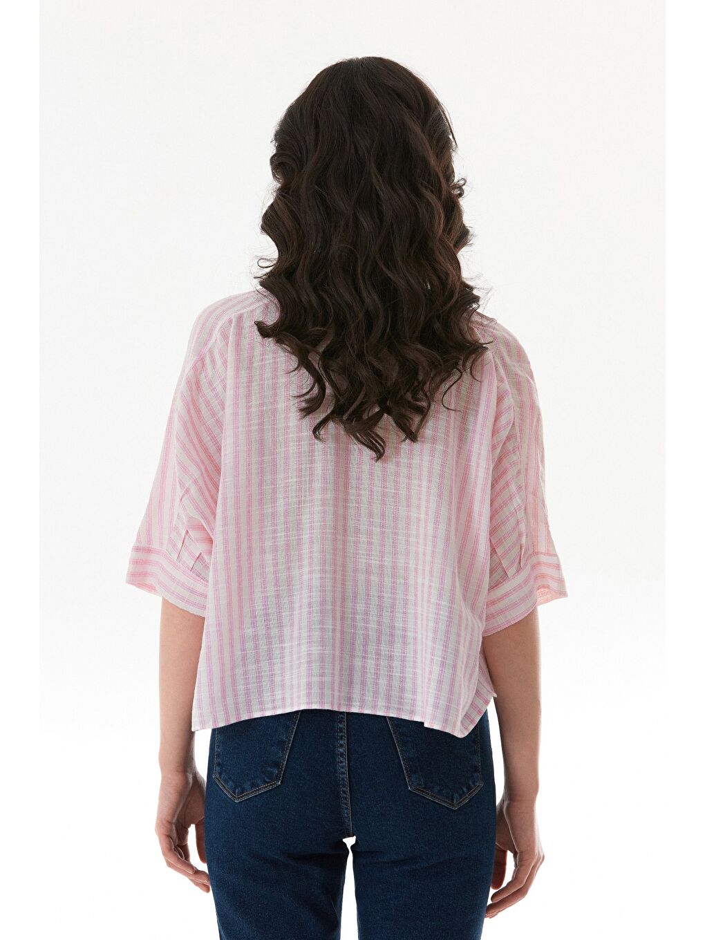 Pembe Çizgili Oversize Crop Gömlek-2
