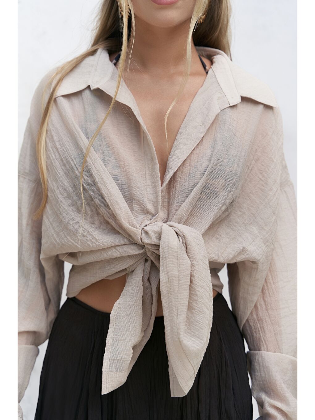 Bej Syaritta Oversize Vizon Transparan Gömlek-3