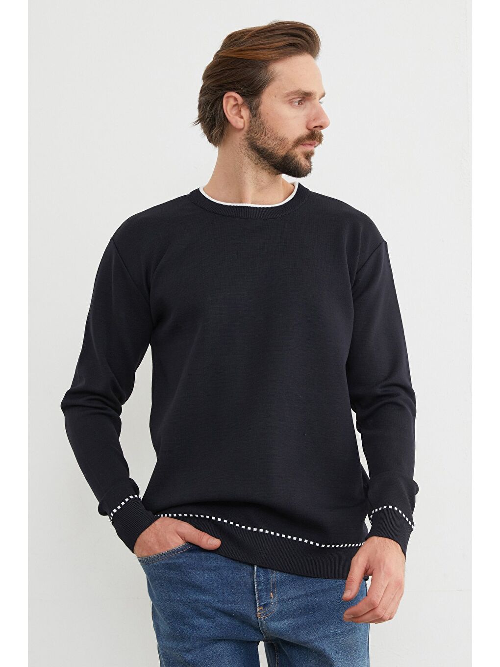 Lacivert Basic Çizgili Bisiklet Yaka Triko Kazak-1