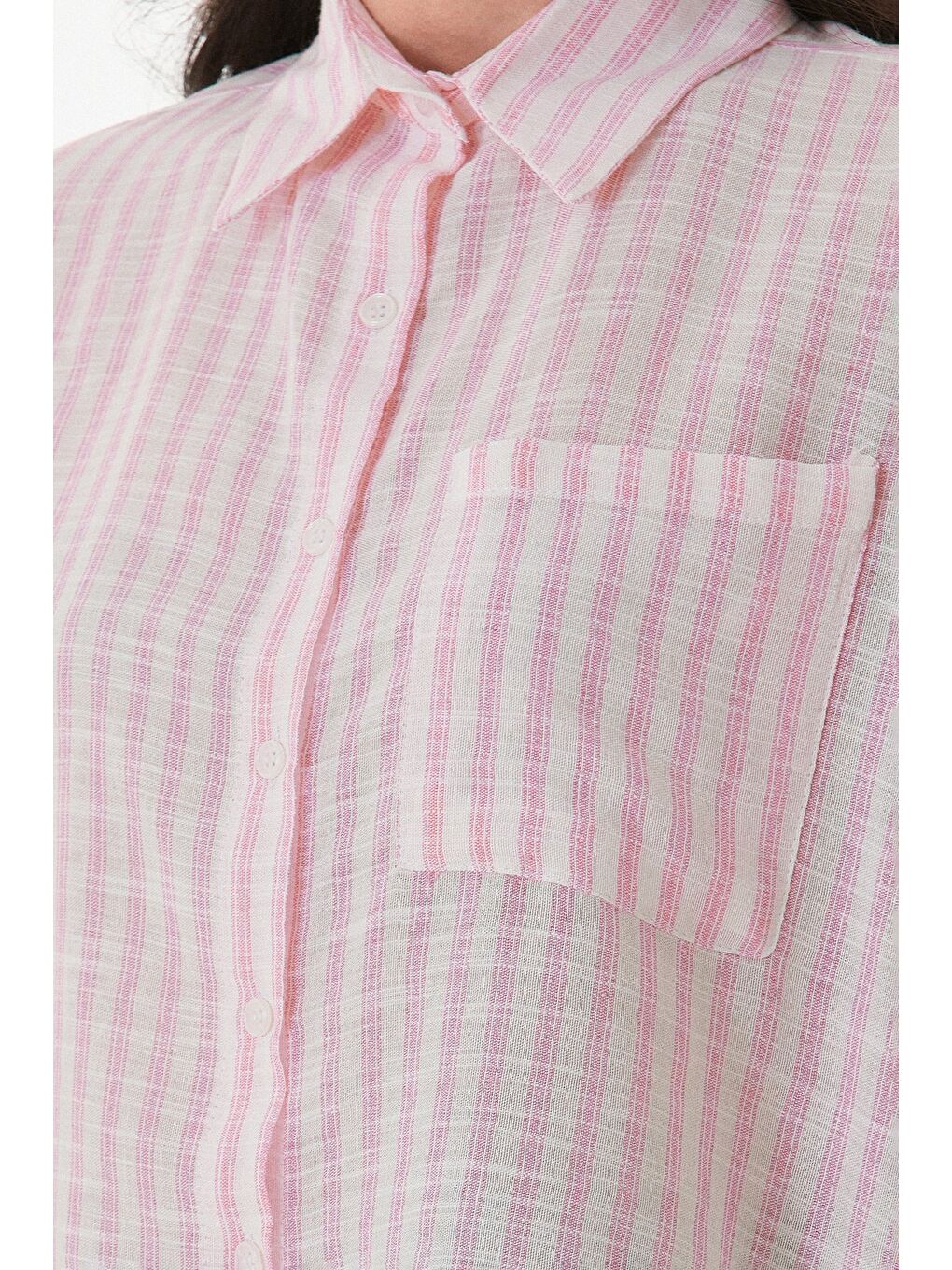 Pembe Çizgili Oversize Crop Gömlek-4