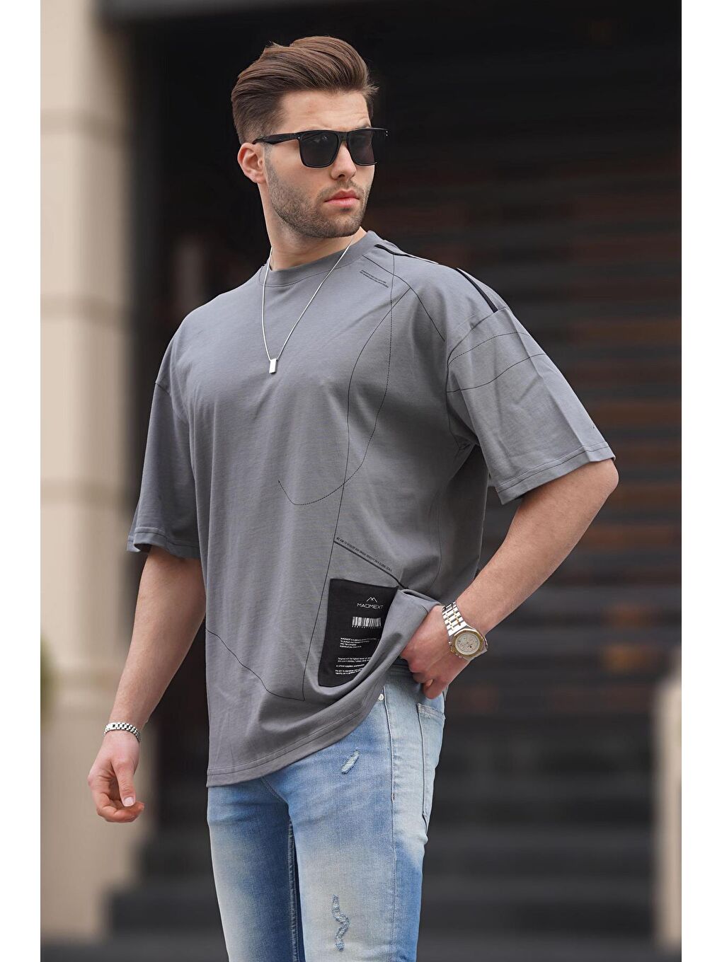 Gri Füme Desenli Oversize Erkek Tişört 7004