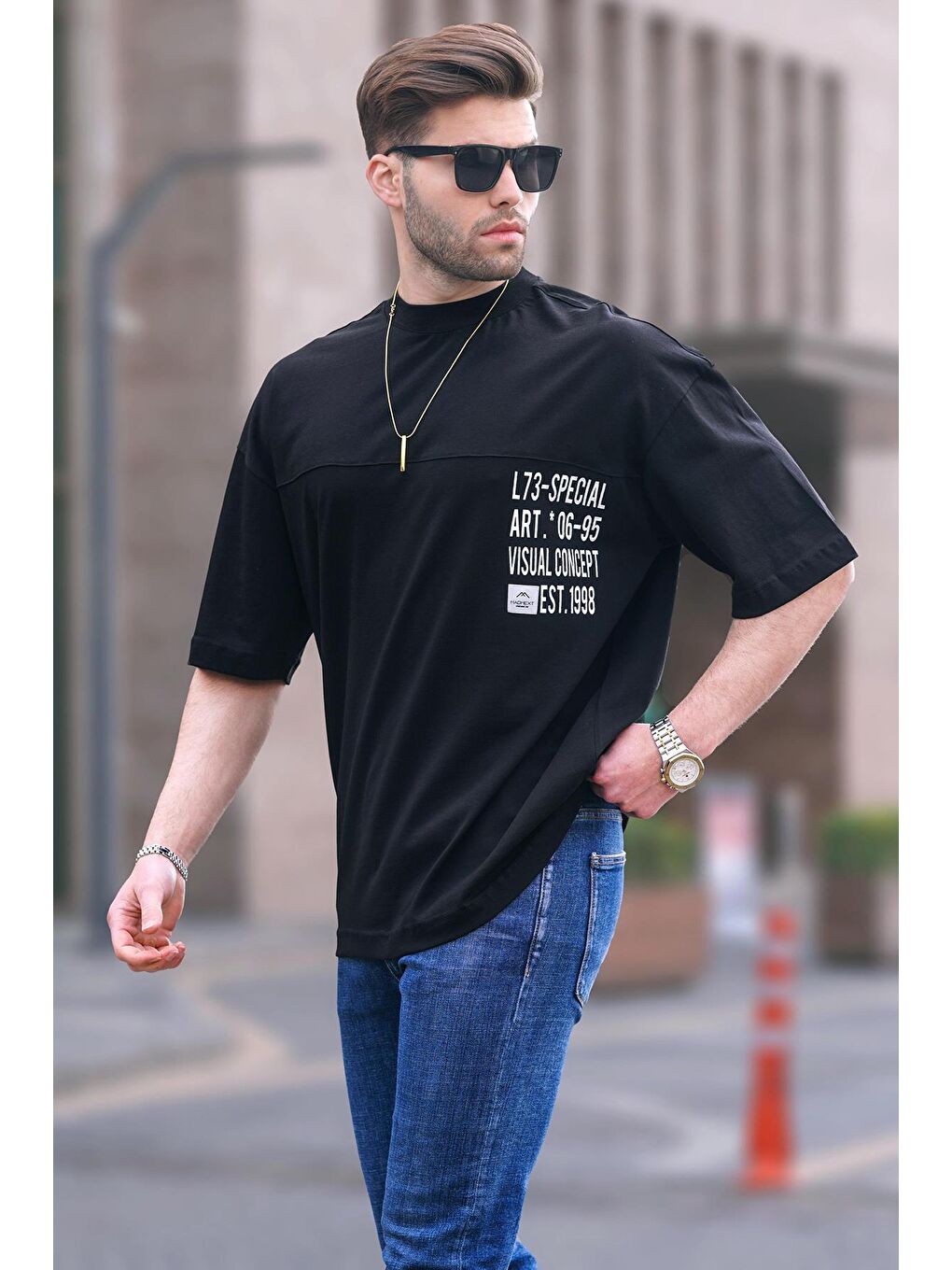 Siyah Oversize Baskılı Erkek %100 Pamuk Tişört 6193