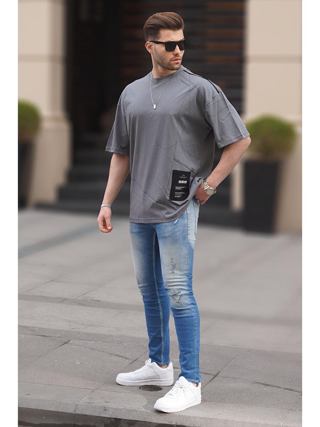 Gri Füme Desenli Oversize Erkek Tişört 7004-1
