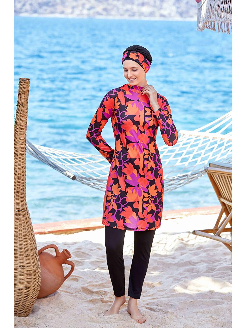 Turuncu Desenli 4 Lü Tesettür Mayo