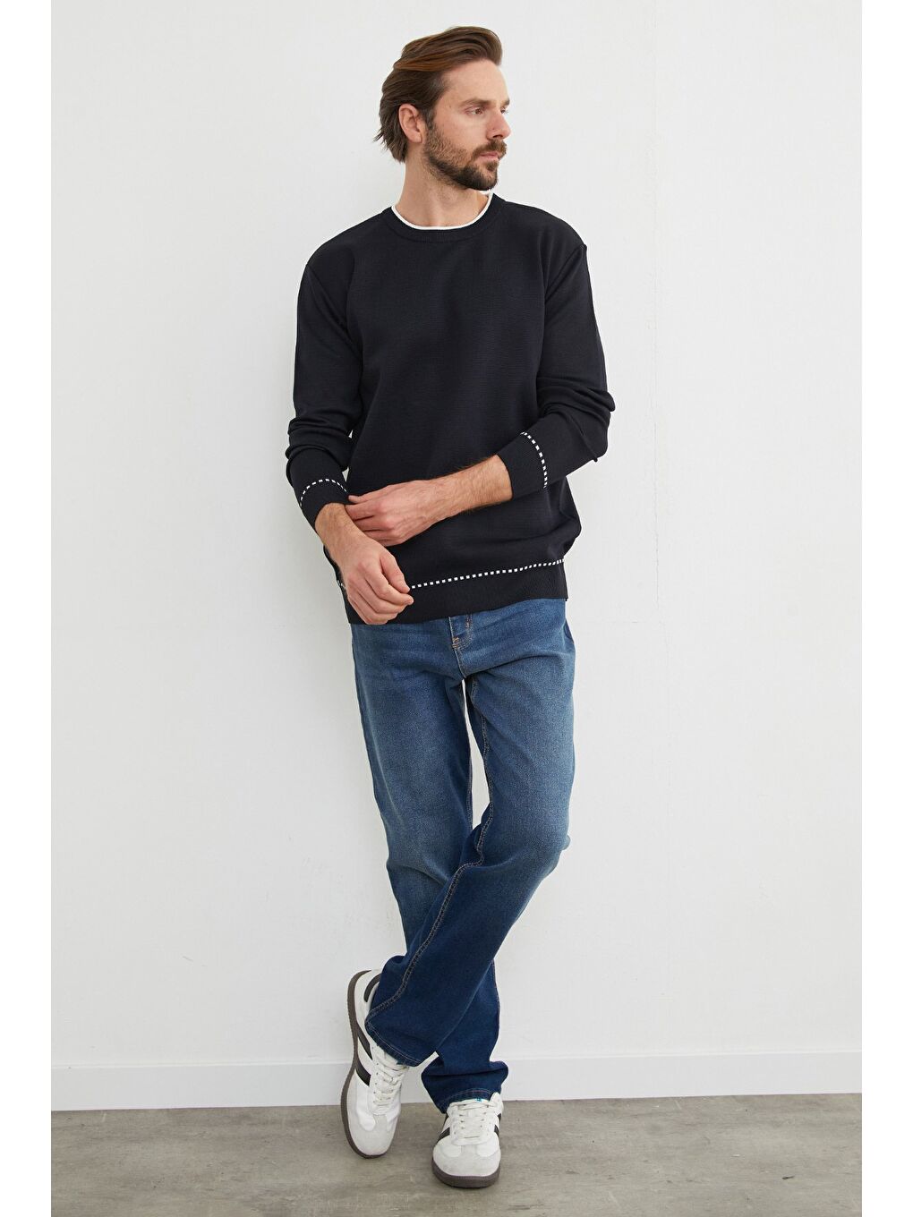 Lacivert Basic Çizgili Bisiklet Yaka Triko Kazak-2