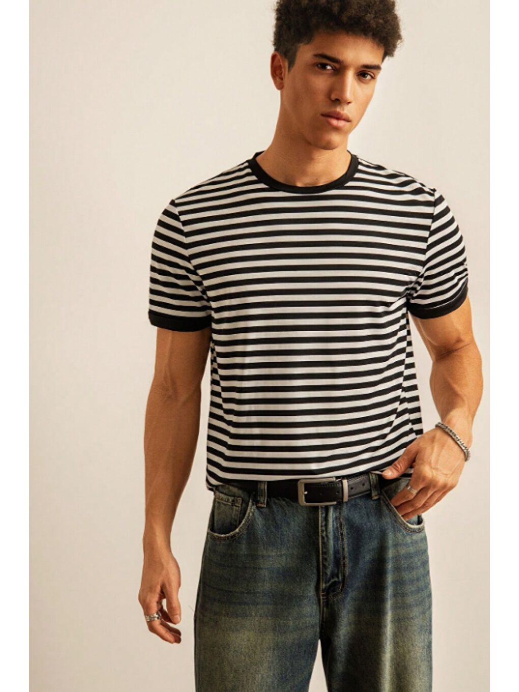 Siyah Çizgili Erkek Tişört Slim Fit Bisiklet Yaka Günlük Basic Pamuk T-Shirt