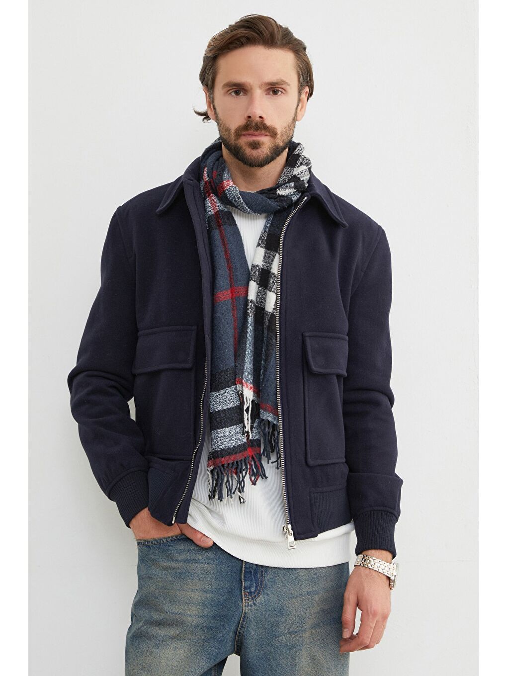 Lacivert Fermuarlı Polo Yaka Cepli Kaşe Ceket