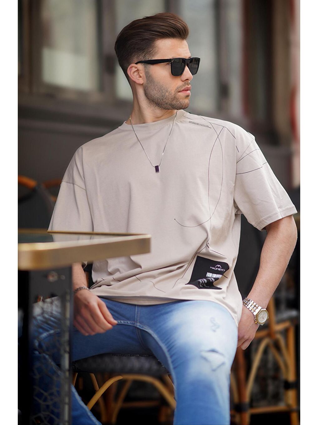Bej Taş Rengi Desenli Oversize Erkek Tişört 7004