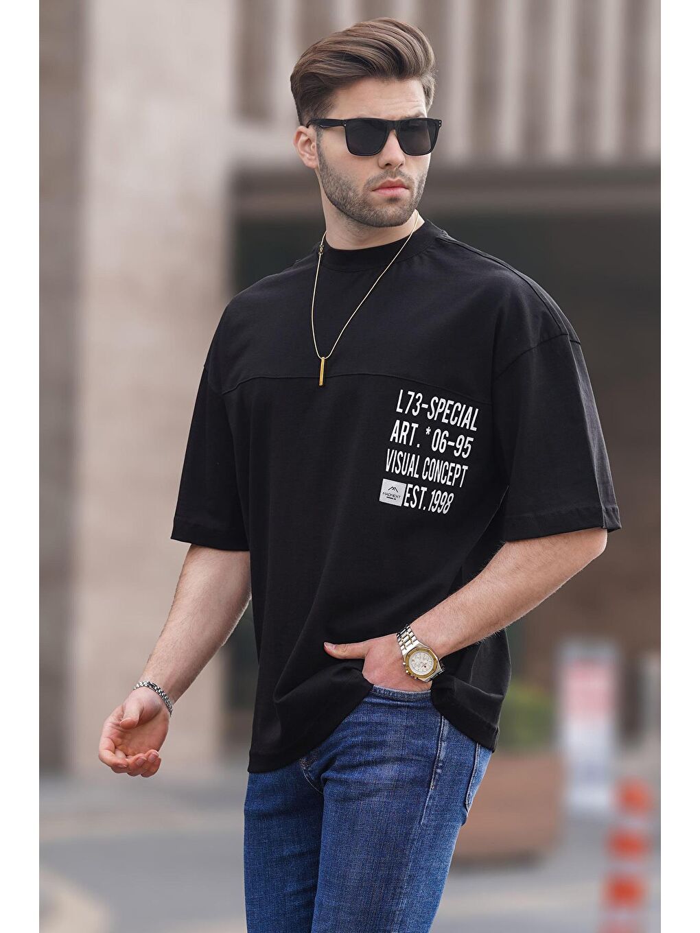 Siyah Oversize Baskılı Erkek %100 Pamuk Tişört 6193-1