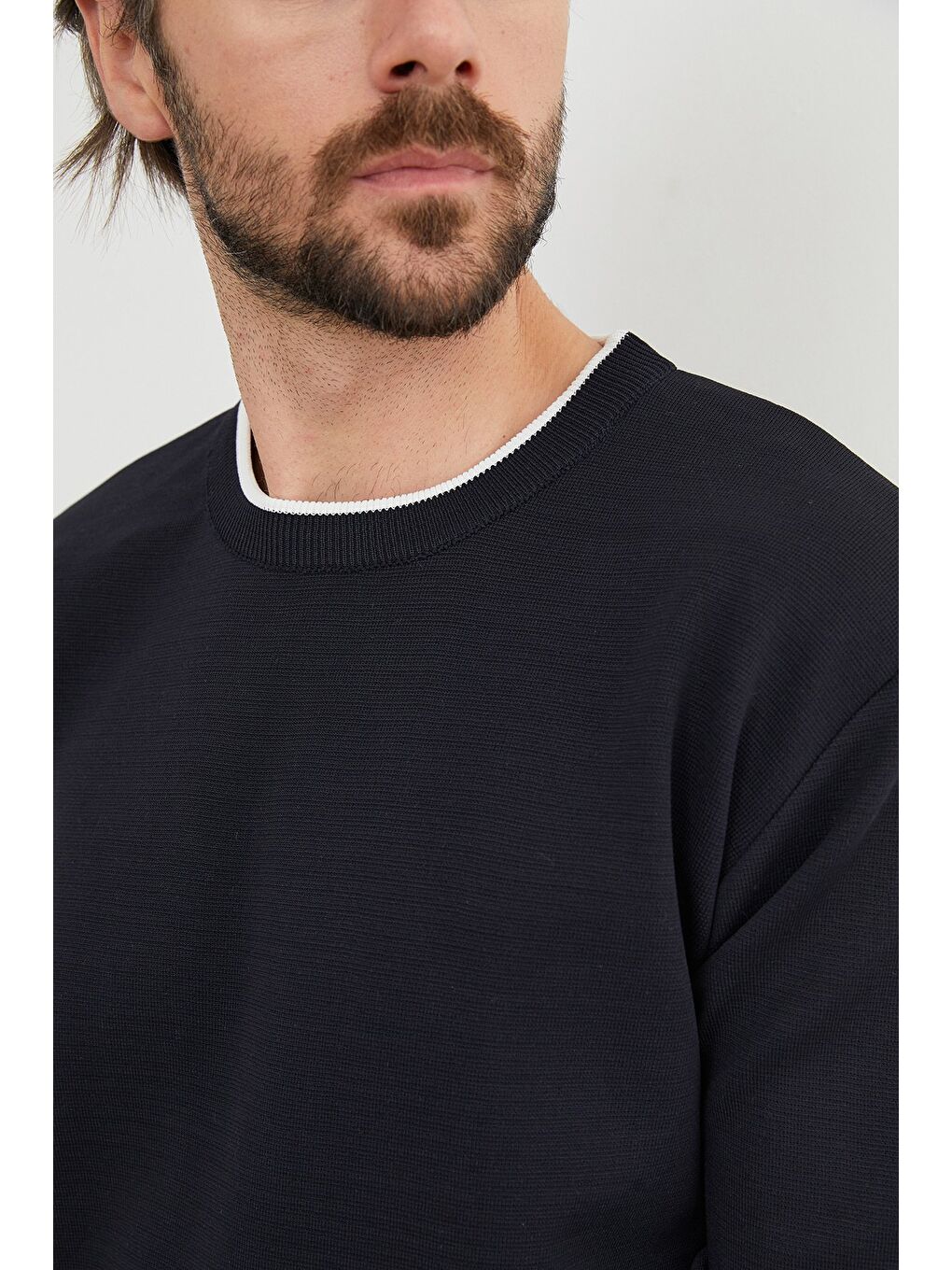 Lacivert Basic Çizgili Bisiklet Yaka Triko Kazak-3