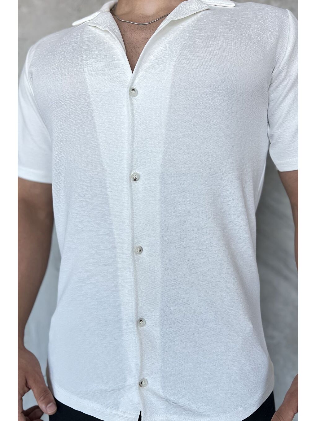 Ekru Apaş Yaka Slim Fit Erkek Kısa Kol Gömlek-3