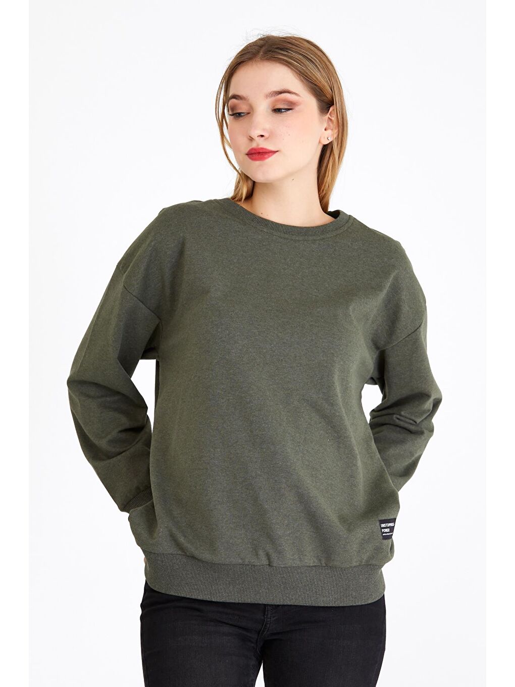 MMETALIC Kadın Haki Renk Basic Bisiklet Yaka Sweatshirt - 2