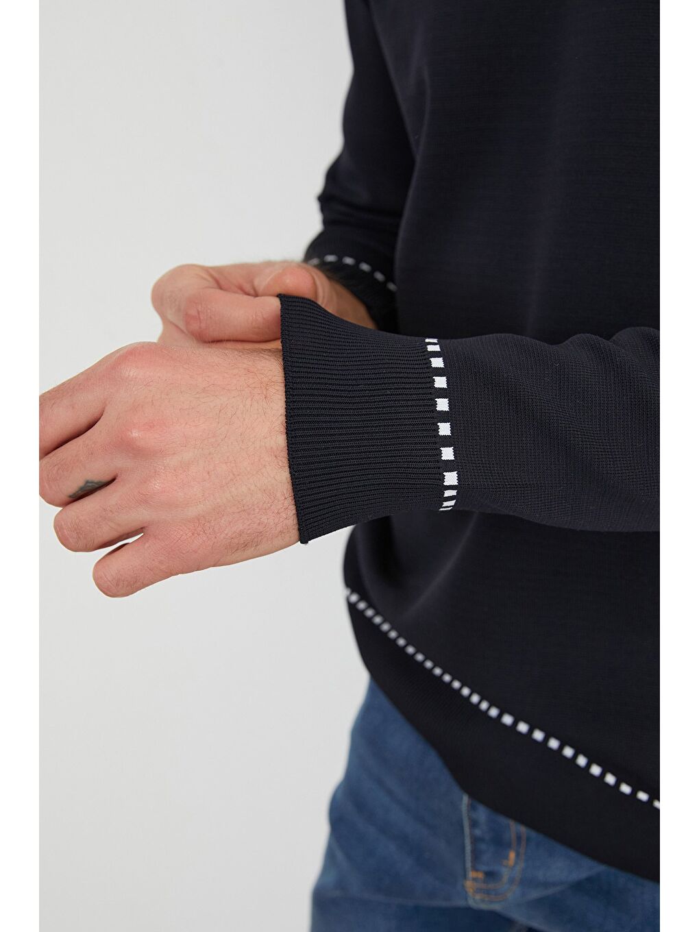 Lacivert Basic Çizgili Bisiklet Yaka Triko Kazak-4