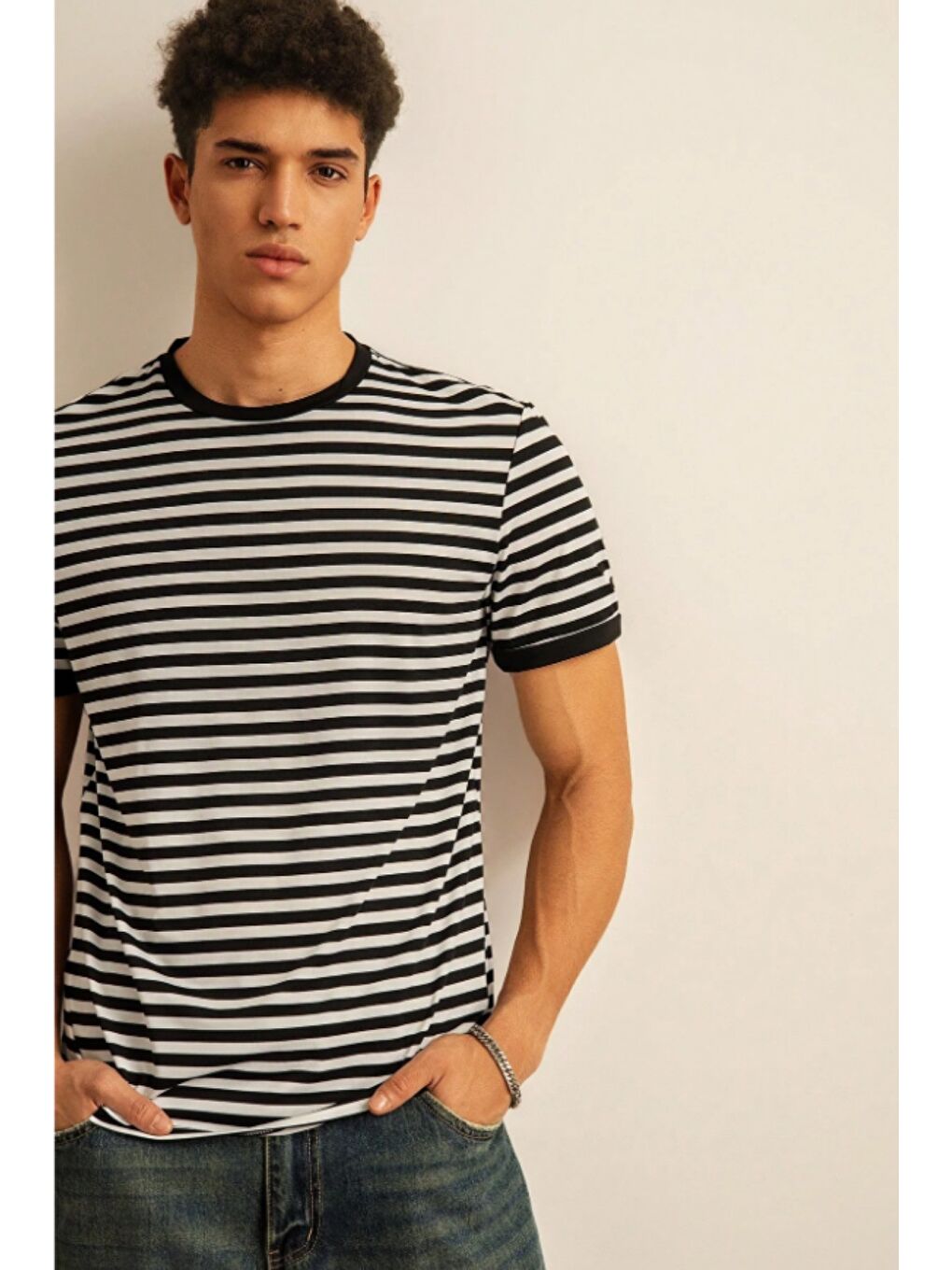 Siyah Çizgili Erkek Tişört Slim Fit Bisiklet Yaka Günlük Basic Pamuk T-Shirt-1