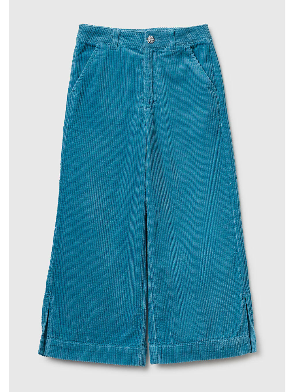 Kız Çocuk Petrol Mavisi Logo İşlemeli Yırtmaçlı Fermuarlı Düğmeli Wide Fit Pantolon