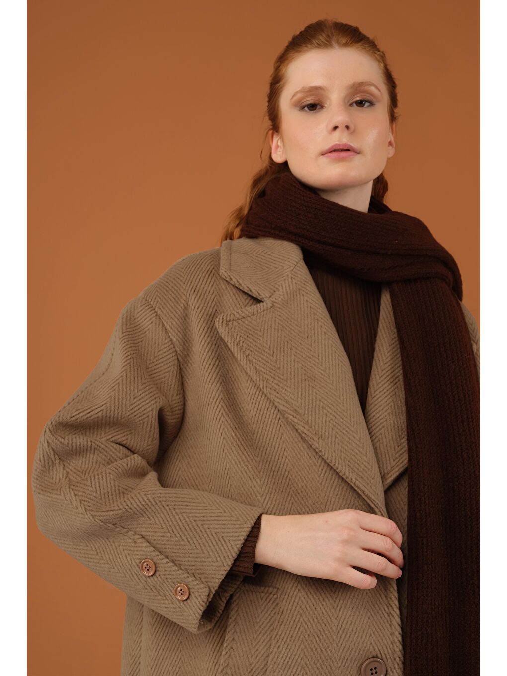 Kahverengi Balıksırtı Desen Kaban Kahve-1