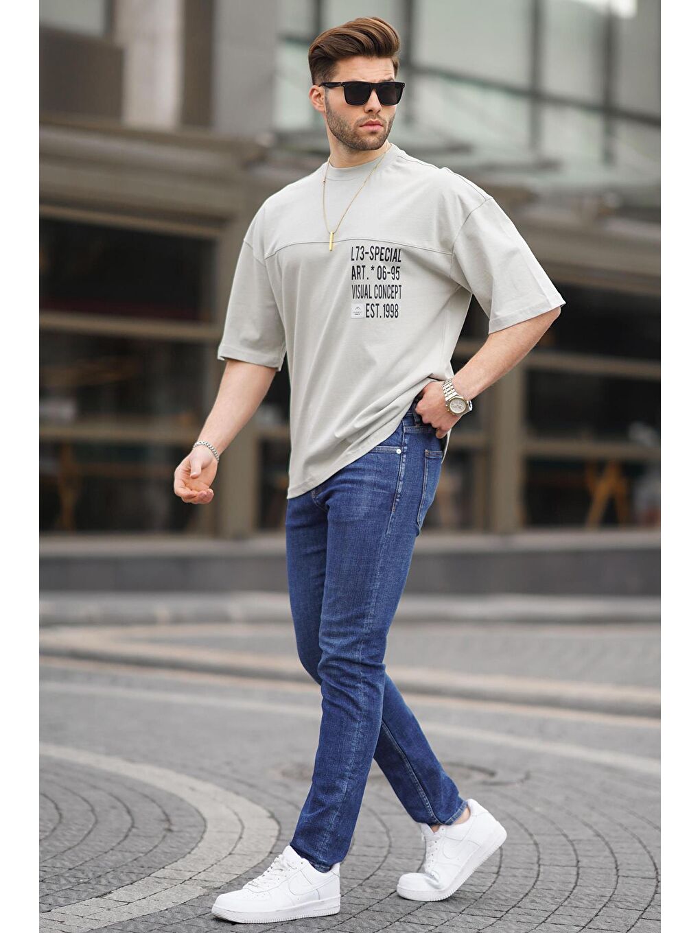 Boyalı Gri Oversize Baskılı Erkek %100 Pamuk Tişört 6193-1