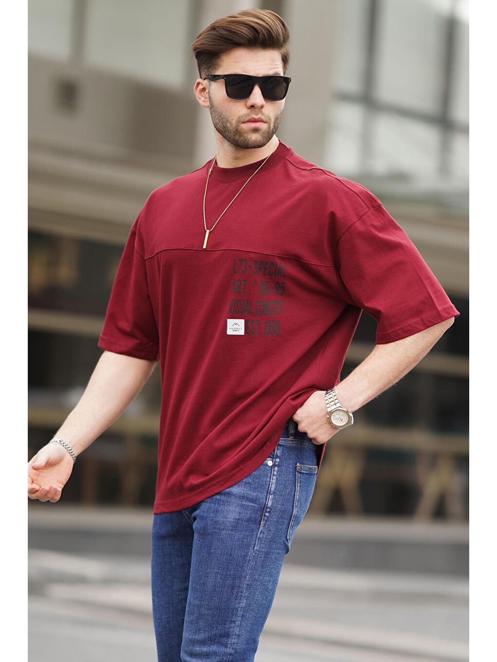 Bordo Oversize Baskılı Erkek Tişört 6193