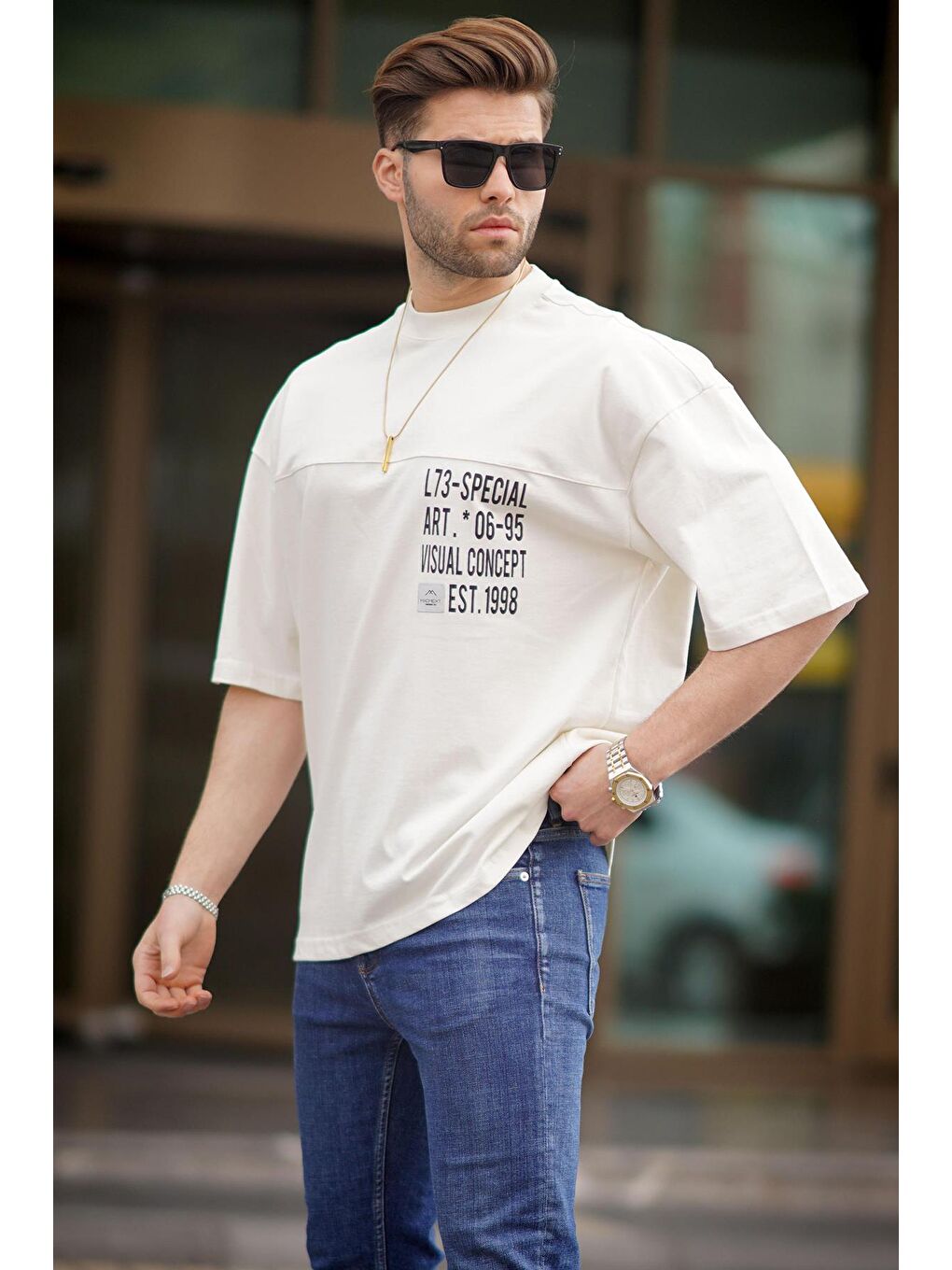 Ekru Oversize Baskılı Erkek %100 Pamuk Tişört 6193-1