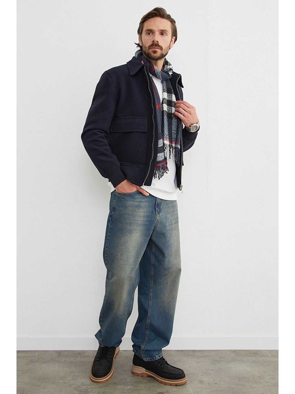 Lacivert Fermuarlı Polo Yaka Cepli Kaşe Ceket-1