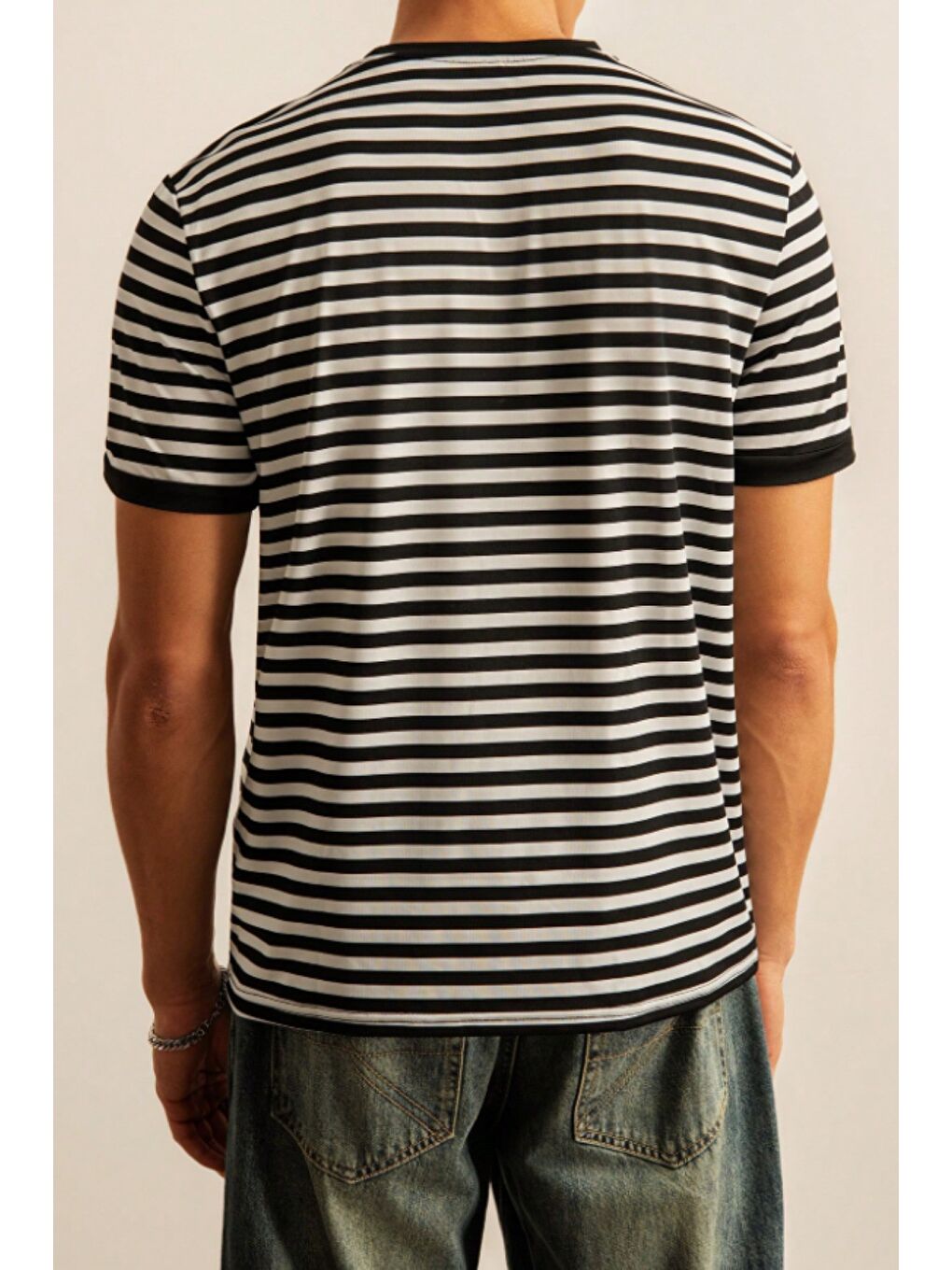 Siyah Çizgili Erkek Tişört Slim Fit Bisiklet Yaka Günlük Basic Pamuk T-Shirt-2