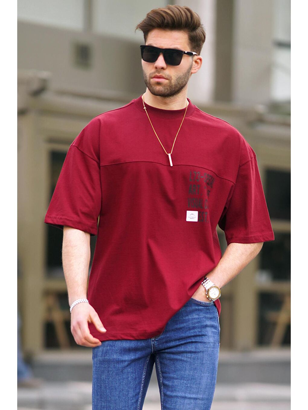 Bordo Oversize Baskılı Erkek Tişört 6193-1