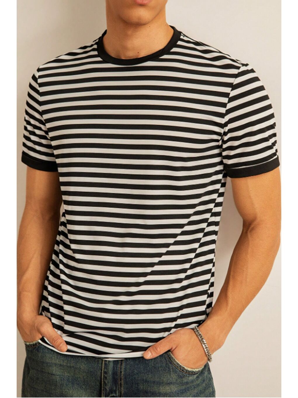 Siyah Çizgili Erkek Tişört Slim Fit Bisiklet Yaka Günlük Basic Pamuk T-Shirt-3