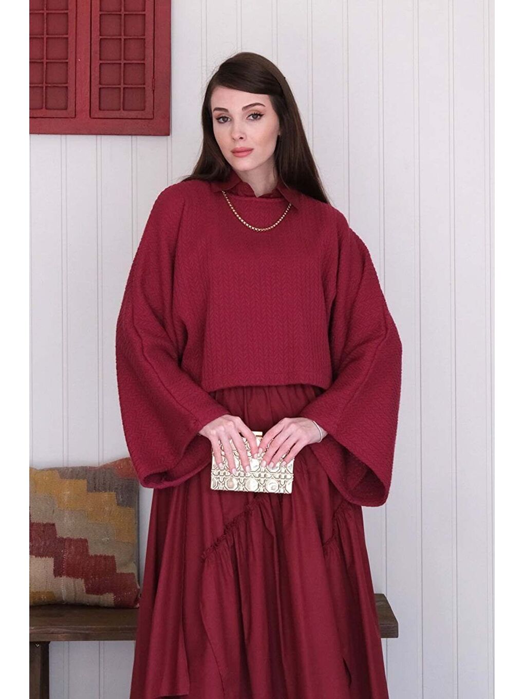 Bordo Yarasa Kol Triko Crop